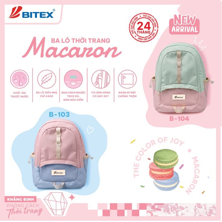 [MỚI VỀ] Balo Học Sinh BITEX Macaron - Thiết Kế Quai xi Ngược Treo Dù/ Nón Bảo hiểm, Cân nặng 440g