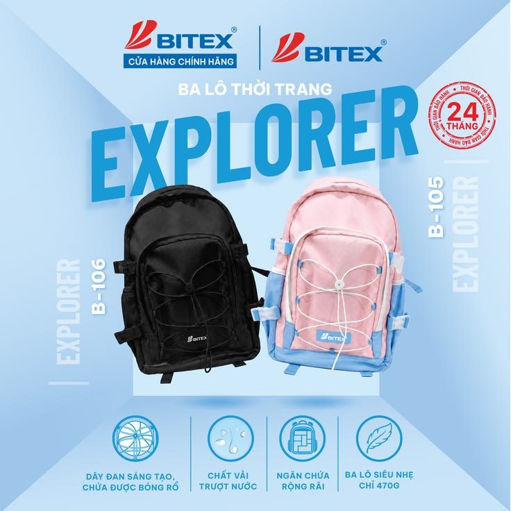 [MỚI VỀ] Balo Học Sinh BITEX Explorer (B-105/B-106) - Dây Đan chéo Cách vừa Bóng Rổ/ Nón Bảo hiểm, Bảo Hành 24 Tháng