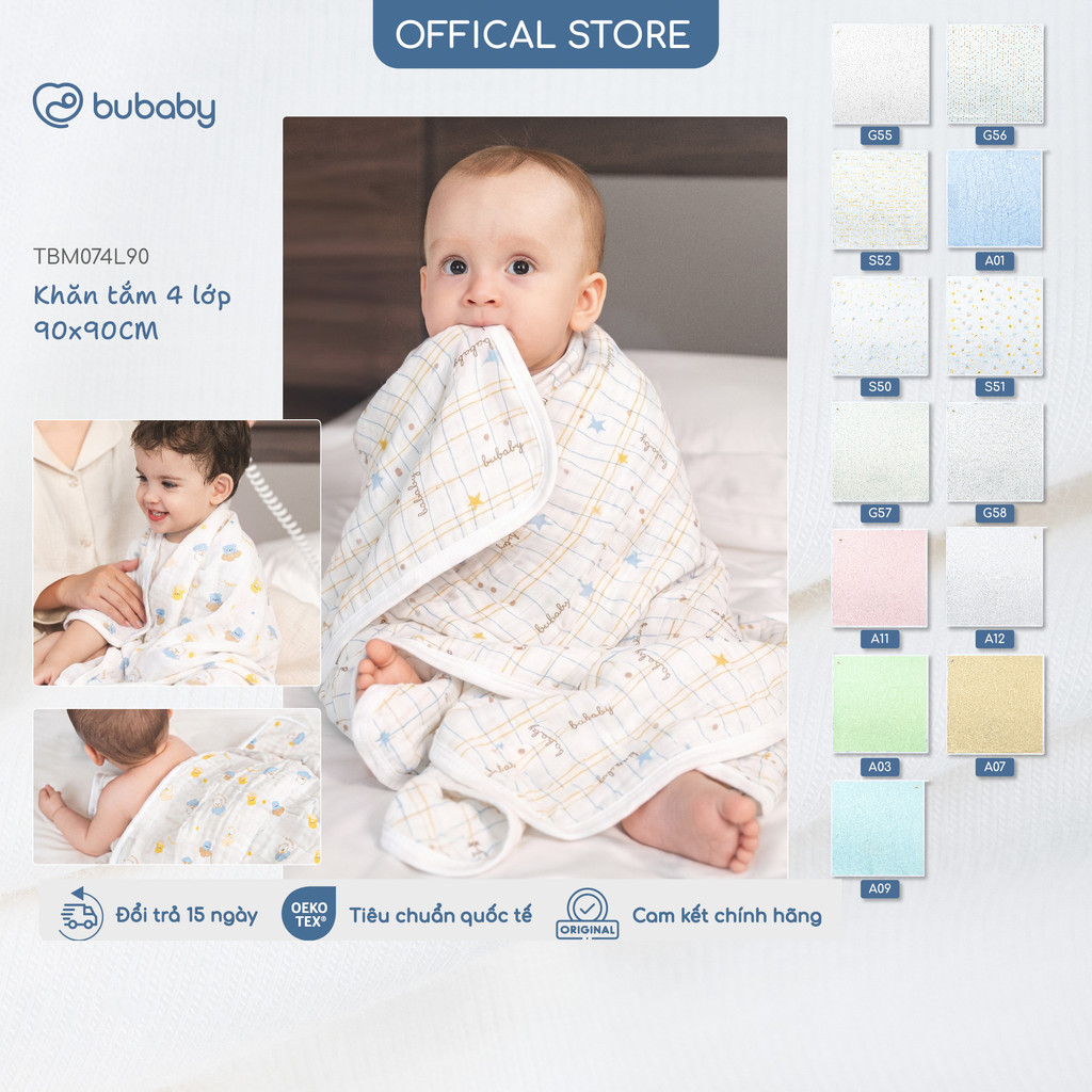 Khăn tắm 4 lớp BU Baby kích thước 90x90, khăn tắm sơ sinh siêu thấm hút, không xù | TBM074L90