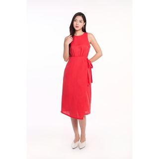 Đầm Nữ Basic Màu Đỏ Chất Linen Cổ Tròn Cột Eo Dáng Midi Ninomaxx 2409014