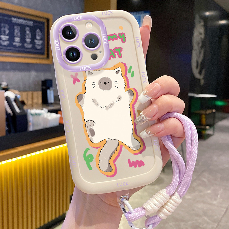 Ốp Lưng iPhone 11 11 Pro 11 Pro Max 12 12 Pro 12 Pro Max 13 13 Pro 13 Pro Max Case Mèo màu trắng Với Lanyard