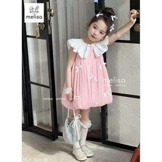 MLSDCC.6648 - Váy Melisa bí vải tơ đính nơ cổ sen hồng size 2-12y