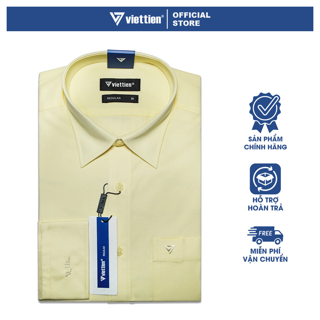 VIETTIEN SALE - Áo Sơ Mi VIETTIEN Dài Tay, Màu Vàng Nhạt, Họa Tiết Trơn, Form Regular Lai Bầu