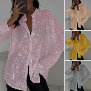 Caultty Áo Sơ Mi Nữ Ve Áo Dài Tay Sáng Bóng Kim Sa Lấp Lánh Áo Sơ Mi Áo Rời Phù Hợp Với Nút Ẩn Áo Cardigan Áo Sơ Mi Câu Lạc Bộ Đêm Đảng Mặc