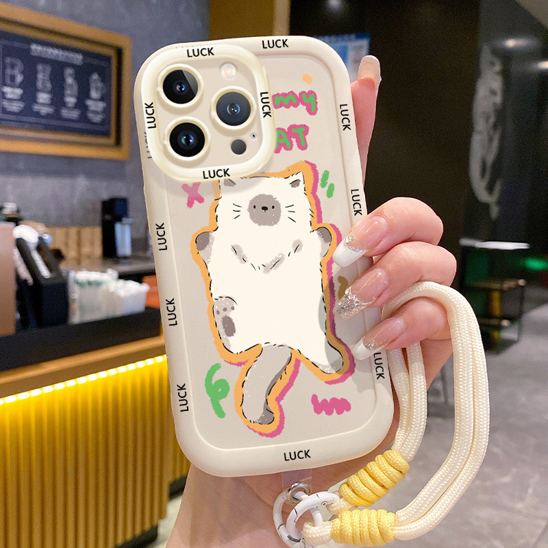 Ốp Lưng iPhone 11 11 Pro 11 Pro Max 12 12 Pro 12 Pro Max 13 13 Pro 13 Pro Max Case Mèo màu trắng Với Lanyard