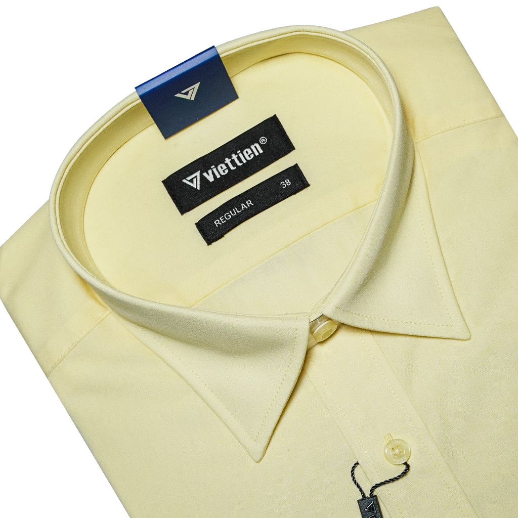 VIETTIEN SALE - Áo Sơ Mi VIETTIEN Dài Tay, Màu Vàng Nhạt, Họa Tiết Trơn, Form Regular Lai Bầu