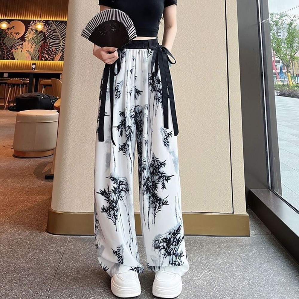 Quần cạp cao dáng rộng ruy băng in hình dành cho nữ