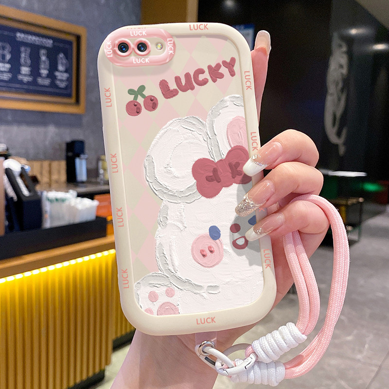 Ốp Lưng OPPO A5 A3s A12E Realme C1 Case Vẽ Thỏ Trắng Với Lanyard