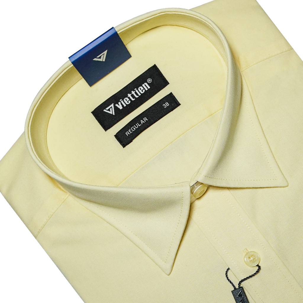 VIETTIEN SALE - Áo Sơ Mi VIETTIEN Dài Tay, Màu Vàng Nhạt, Họa Tiết Trơn, Form Regular Lai Bầu