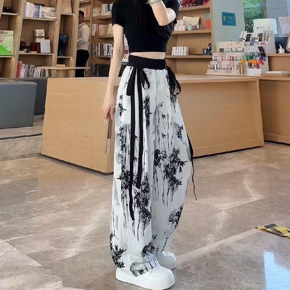 Quần cạp cao dáng rộng ruy băng in hình dành cho nữ