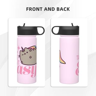 Bình nước cách nhiệt dung tích lớn Pusheen có ống hút18OZ, bình nước thể thao 500ML, du lịch, thép không gỉ