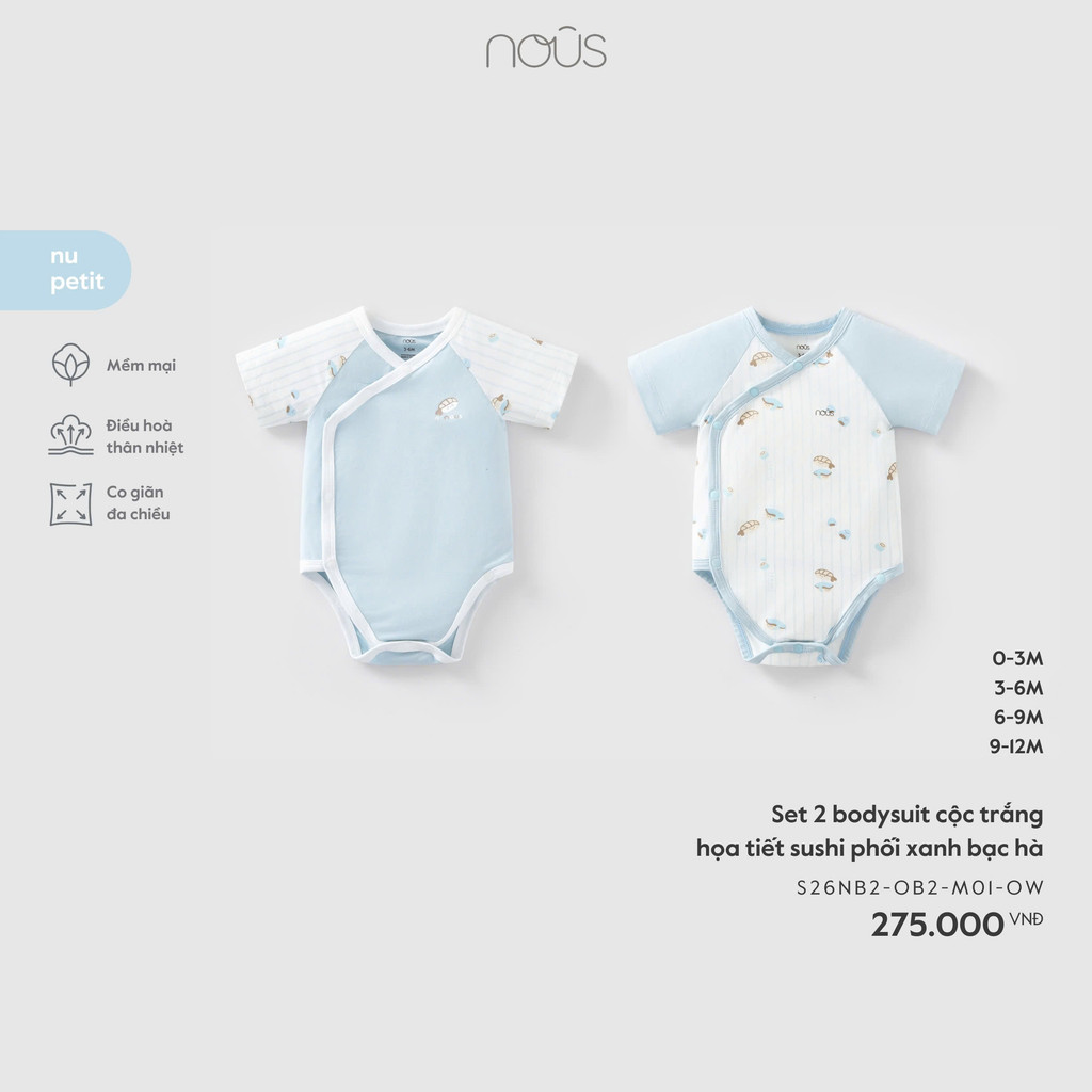NOUS - Set 2 bodysuit cộc trắng họa tiết sushi phối xanh bạc hà - SS26.T3C