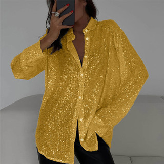 Caultty Áo Sơ Mi Nữ Ve Áo Dài Tay Sáng Bóng Kim Sa Lấp Lánh Áo Sơ Mi Áo Rời Phù Hợp Với Nút Ẩn Áo Cardigan Áo Sơ Mi Câu Lạc Bộ Đêm Đảng Mặc