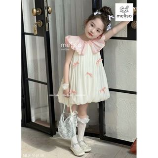 MLSDCC.6648 - Váy Melisa bí vải tơ đính nơ cổ sen hồng size 2-12y