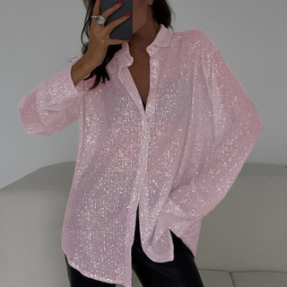 Caultty Áo Sơ Mi Nữ Ve Áo Dài Tay Sáng Bóng Kim Sa Lấp Lánh Áo Sơ Mi Áo Rời Phù Hợp Với Nút Ẩn Áo Cardigan Áo Sơ Mi Câu Lạc Bộ Đêm Đảng Mặc
