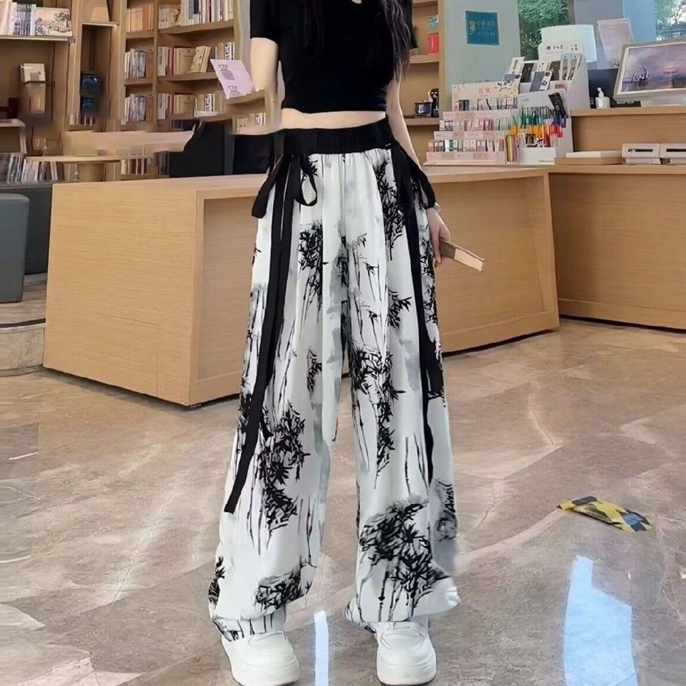 Quần cạp cao dáng rộng ruy băng in hình dành cho nữ