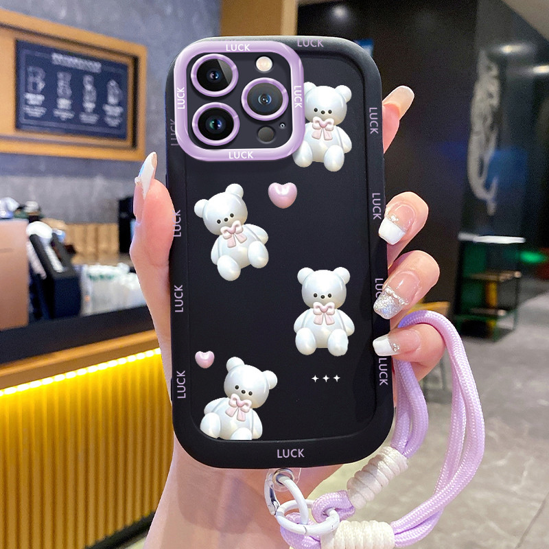 Ốp Lưng iPhone 11 11 Pro 11 Pro Max 12 12 Pro 12 Pro Max 13 13 Pro 13 Pro Max Case Gấu đáng yêu Với Lanyard