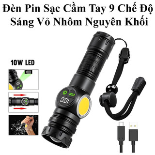 Đèn Pin Sạc Cầm Tay 9 Chế Độ Sáng 10W Vỏ Nhôm Nguyên Khối