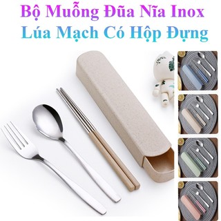 Bộ Muỗng Đũa Nĩa Inox Lúa Mạch Có Hộp Đựng Tiện Lợi