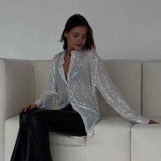 Caultty Áo Sơ Mi Nữ Ve Áo Dài Tay Sáng Bóng Kim Sa Lấp Lánh Áo Sơ Mi Áo Rời Phù Hợp Với Nút Ẩn Áo Cardigan Áo Sơ Mi Câu Lạc Bộ Đêm Đảng Mặc