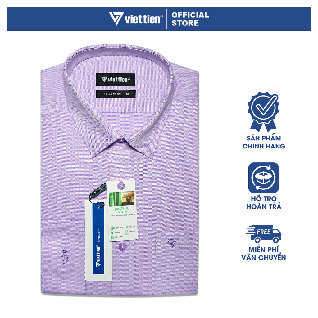 VIETTIEN SALE - Áo Sơ Mi VIETTIEN Dài Tay, Màu Tím Violet, Họa Tiết Caro, Form Regular Fit Lai Bầu