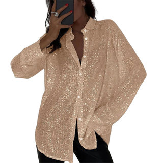 Caultty Áo Sơ Mi Nữ Ve Áo Dài Tay Sáng Bóng Kim Sa Lấp Lánh Áo Sơ Mi Áo Rời Phù Hợp Với Nút Ẩn Áo Cardigan Áo Sơ Mi Câu Lạc Bộ Đêm Đảng Mặc