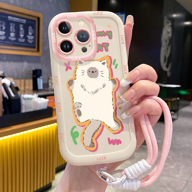 Ốp Lưng iPhone 11 11 Pro 11 Pro Max 12 12 Pro 12 Pro Max 13 13 Pro 13 Pro Max Case Mèo màu trắng Với Lanyard