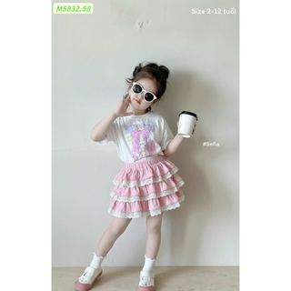 SH2603BBG01 - Set bộ áo cotton + chân váy tầng cho bé size 90-160