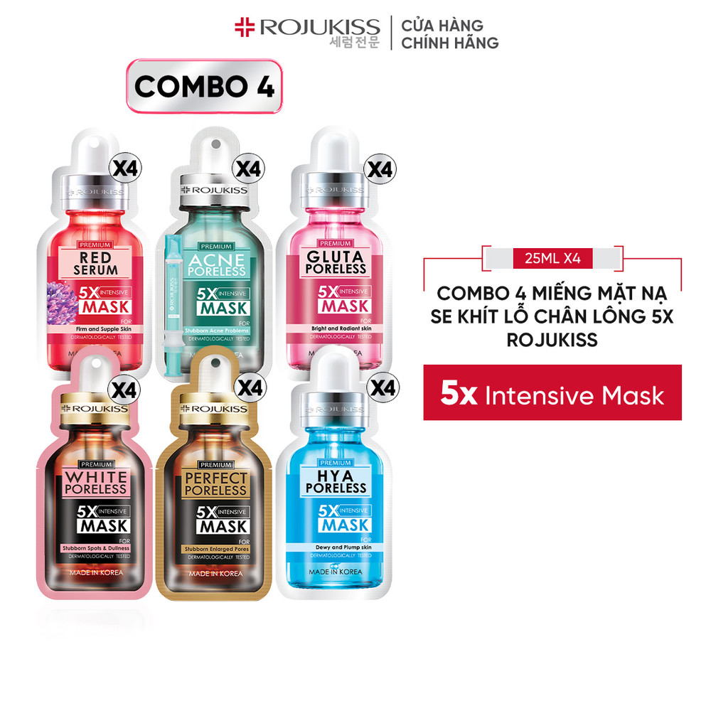 Combo 4 Miếng Mặt Nạ Se Khít Lỗ Chân Lông ROJUKISS Poreless 5x Intensive Mask 25ml