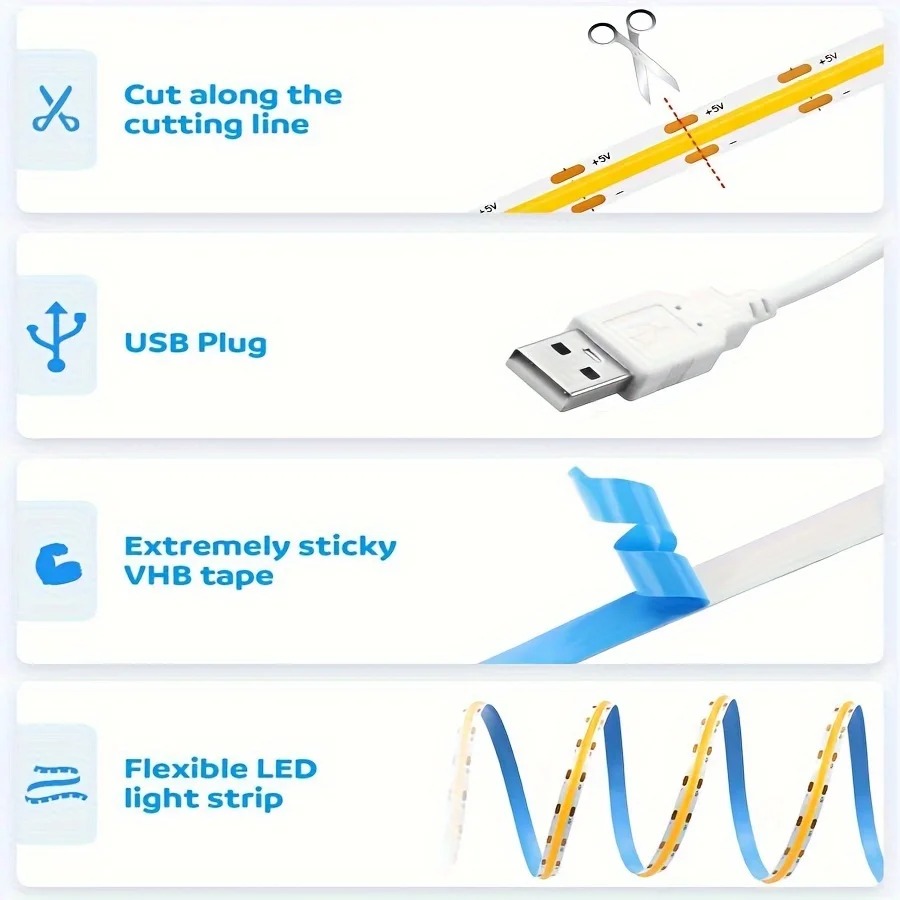 Đèn Led Dây Usb 1m-5m 5v 320leds/m, Cảm Biến Chạm, Điều Chỉnh Độ Sáng, Thích Hợp Cho Diy Đèn Tv, Gương, bếp | BigBuy360 - bigbuy360.vn