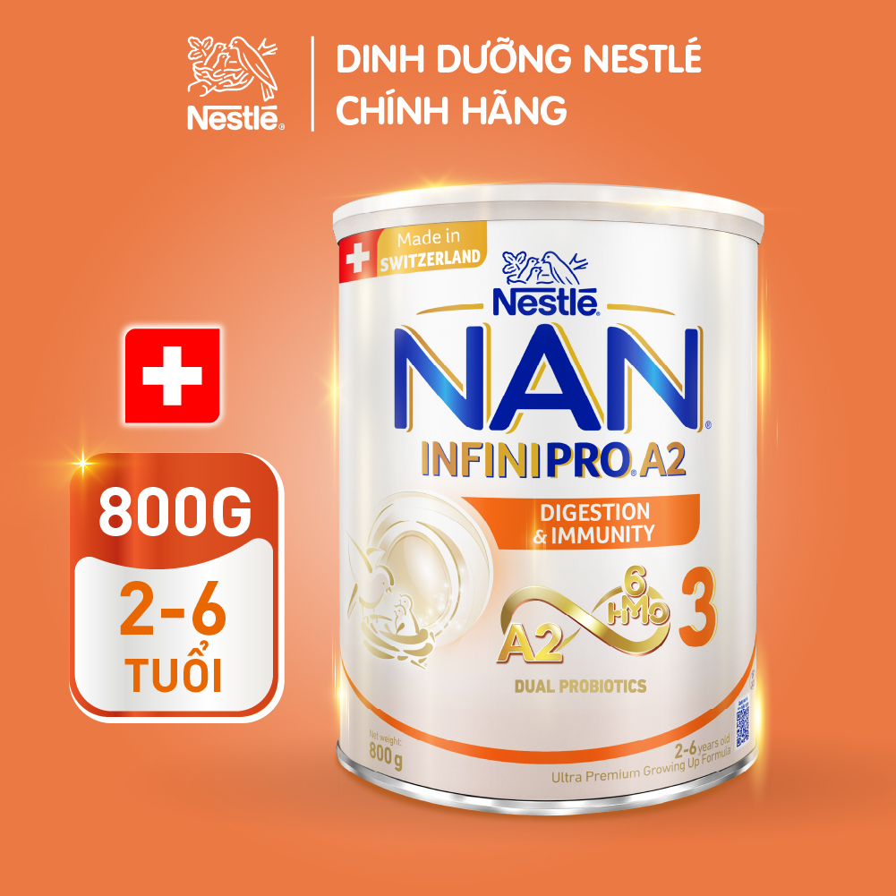 Sữa bột Nestlé NAN INFINIPRO A2 Bước 3 800g Nhập Khẩu Thụy Sĩ Cho Bé 2 - 6 Tuổi Có Đạm A2, 6HMO & Lợi Khuẩn Kép