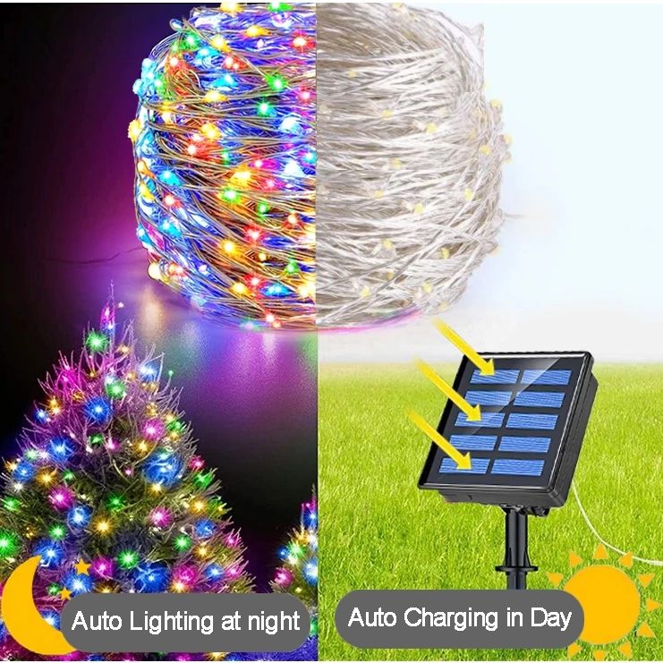 Đèn dây cổ tích LED năng lượng mặt trời - Dây đồng chống nước với 8 chế độ chiếu sáng để trang trí Giáng sinh và sinh nhật ngoài trời
