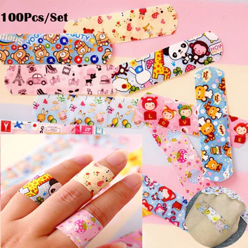 100 cái/bộ Băng cá nhân dễ thương hình ảnh hoạt hình, băng dính cầm máu, bộ sơ cứu khẩn cấp, băng dán vết thương cho trẻ em và người lớn.