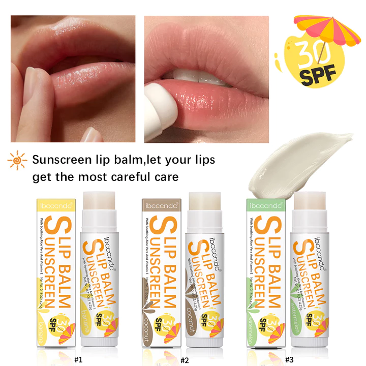 Balm môi chống nắng Ibcccndc SPF 30 bảo vệ UVA, dưỡng ẩm môi, hương vị dưa hấu, dừa, chuối, son môi không màu, chăm sóc da dưới nắng.