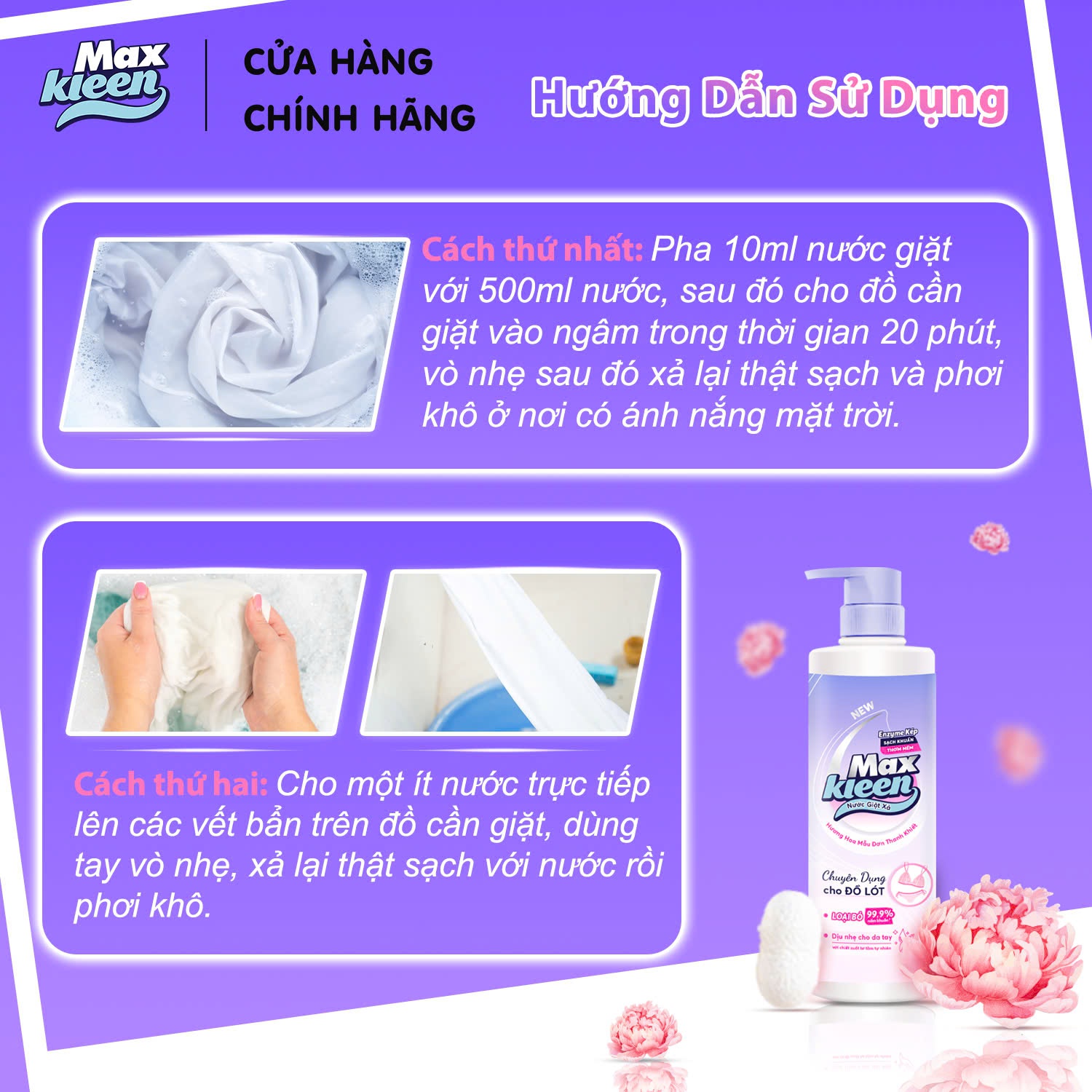 Ảnh Fullsize Chai nước Giặt Xả MaxKleen chuyên dụng cho đồ lót Hương hoa mẫu đơn thanh khiết 650g 4