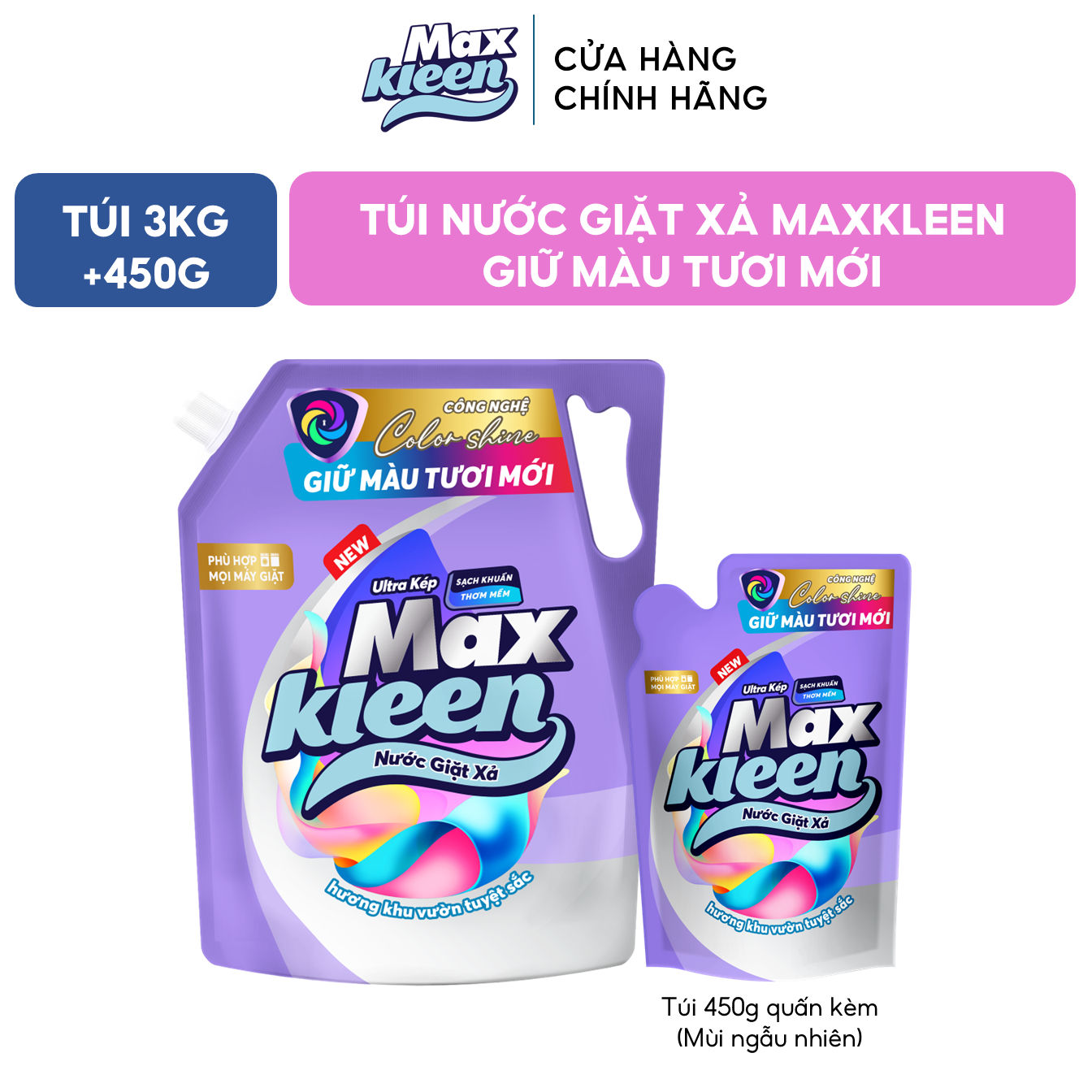 Ảnh Combo Túi Nước Giặt Xả MaxKleen Giữ Màu Tươi Mới Hương Khu Vườn Tuyệt Sắc 3kg + Túi 450g mùi ngẫu nhiên 1