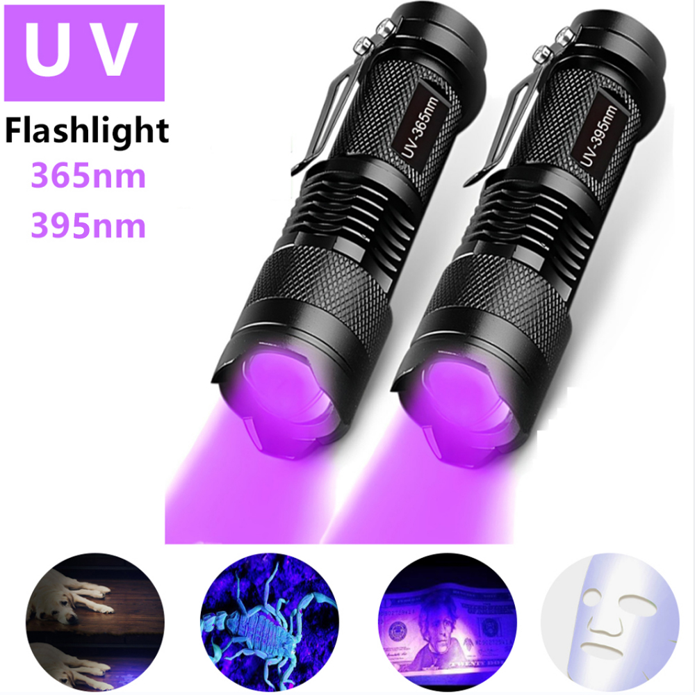 Đèn pin UV Tím 365NM / 395NM Máy dò tiền mặt bằng hợp kim nhôm Phát hiện huỳnh quang Đèn pin UV Đèn bọ cạp màu tím