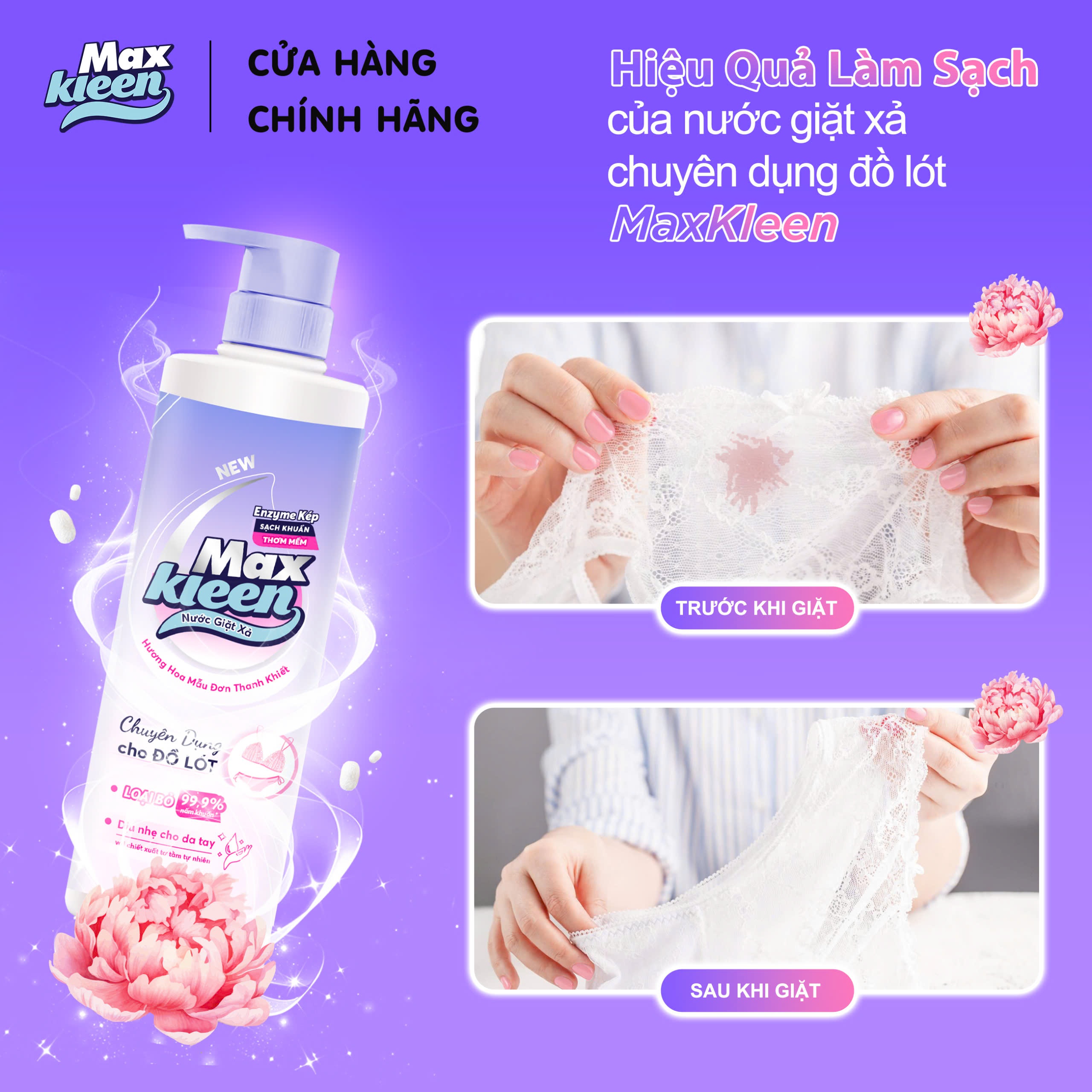 Ảnh Fullsize Chai nước Giặt Xả MaxKleen chuyên dụng cho đồ lót Hương hoa mẫu đơn thanh khiết 650g 1