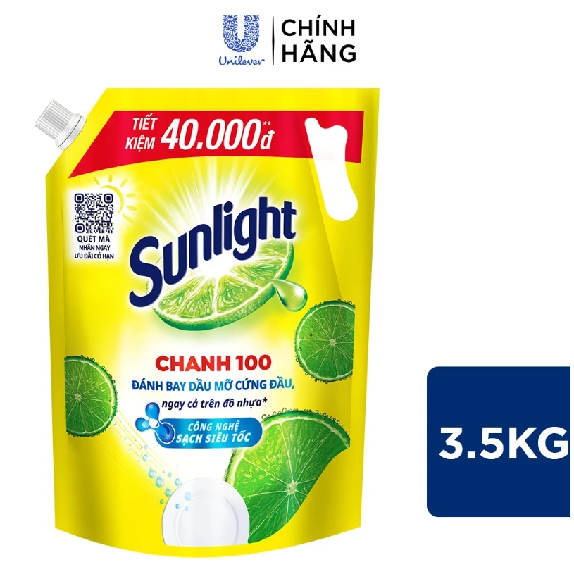 Nước Rửa Chén Bát Sunlight Chanh 100 | Sạch Dầu Mỡ Đồ Nhựa | Túi 3.5KG/3.1Kg