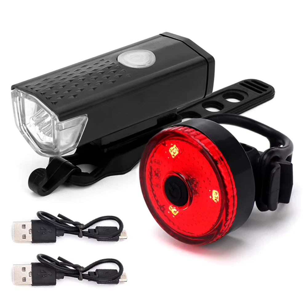 Xe Đạp Bộ đèn pha trước + đèn hậu LED sạc USB, đèn pin đi đêm