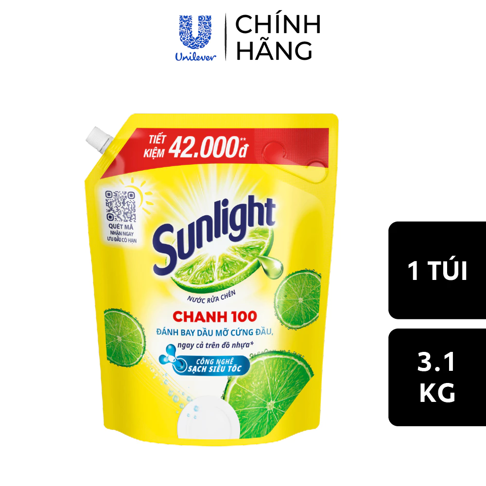 Nước Rửa Chén Bát Sunlight Chanh 100 | Sạch Dầu Mỡ Đồ Nhựa | Túi 3.5KG/3.1Kg