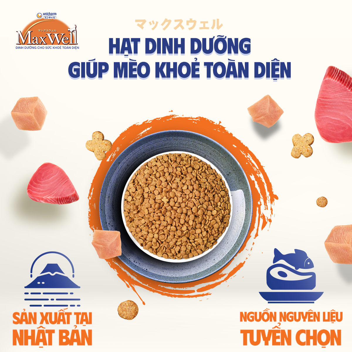 Thức ăn hạt cao cấp cho mèo Max Well từ Nhật Bản, dành cho mèo con, chăm sóc sức khỏe toàn diện - Vị cá, 800g