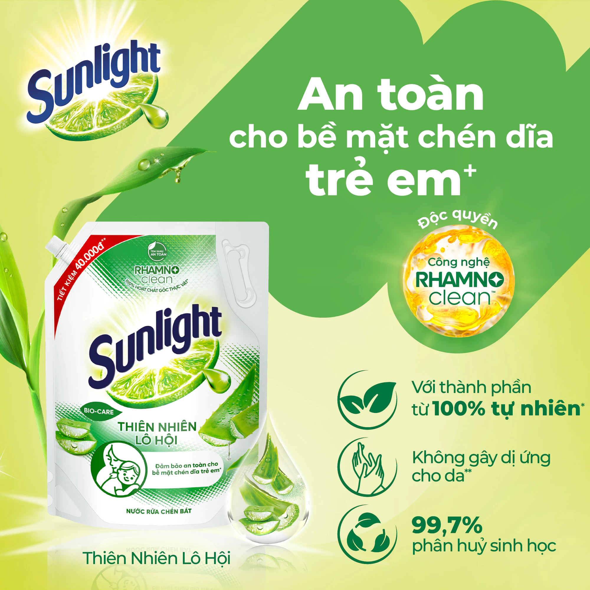 Nước rửa chén Sunlight Bio-care với thành phần từ 100% tự nhiên Túi 3.3kg