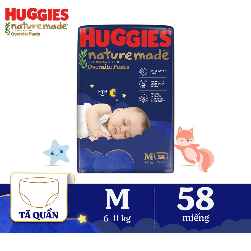 Ảnh Tã quần Huggies Naturemade ban đêm M58/L44/XL38/XXL26 1