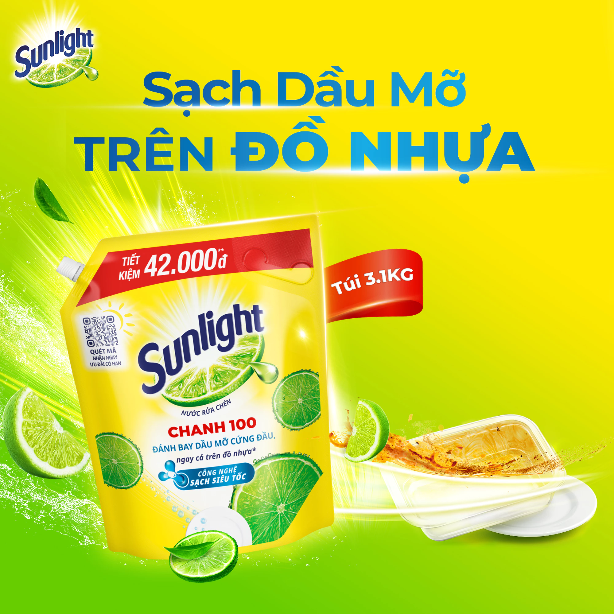 Nước Rửa Chén Bát Sunlight Chanh 100 | Sạch Dầu Mỡ Đồ Nhựa | Túi 3.5KG/3.1Kg