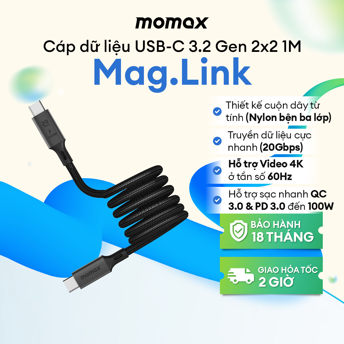 Cáp sạc Nhanh Momax Mag Link USB-C to USB-C 100W USB3.2 Gen 2x2 ...