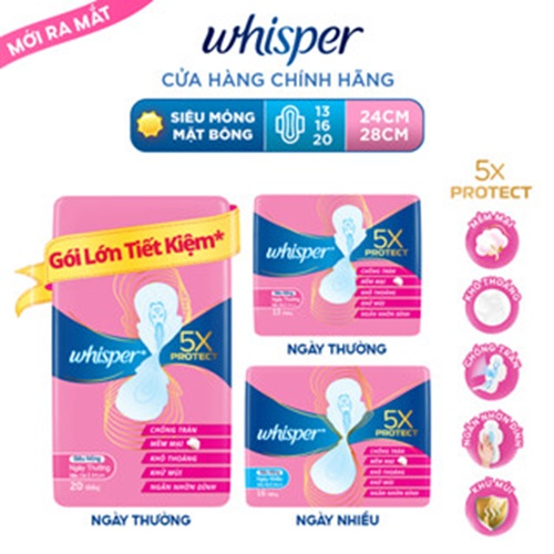 Ảnh Băng Vệ Sinh WHISPER 5X Bảo Vệ Mặt Bông Siêu Mỏng Cho Ngày Thường Và Ngày Nhiều Khô Thoáng Gói 20 Miếng/16 Miếng/13Miếng 1