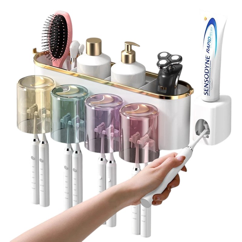 [Top Value] Bộ cốc kiêm giá để bàn chải LS1-0661-612 dán tường kèm nhả kem tự động