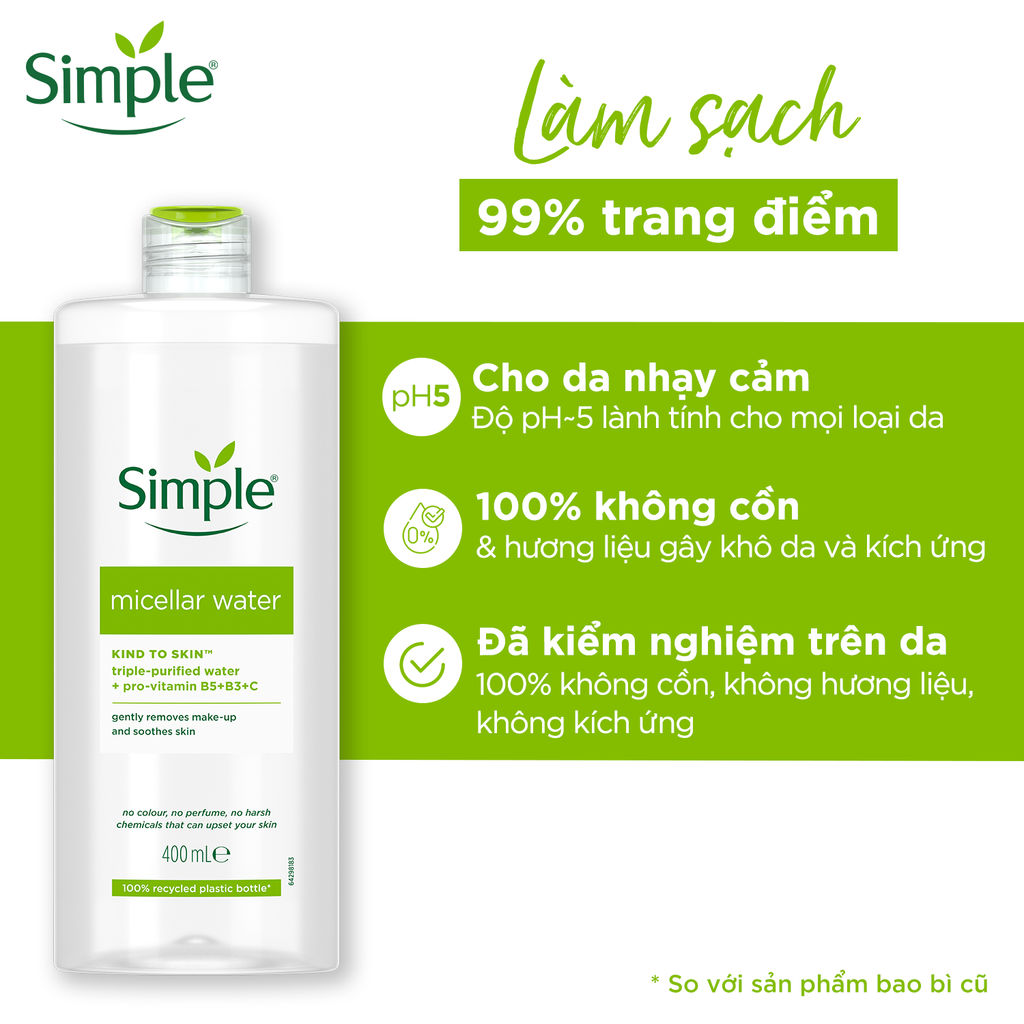 NƯỚC TẨY TRANG SẠCH SÂU DỊU NHẸ - SIMPLE MICELLAR WATER 400ML | BigBuy360 - bigbuy360.vn