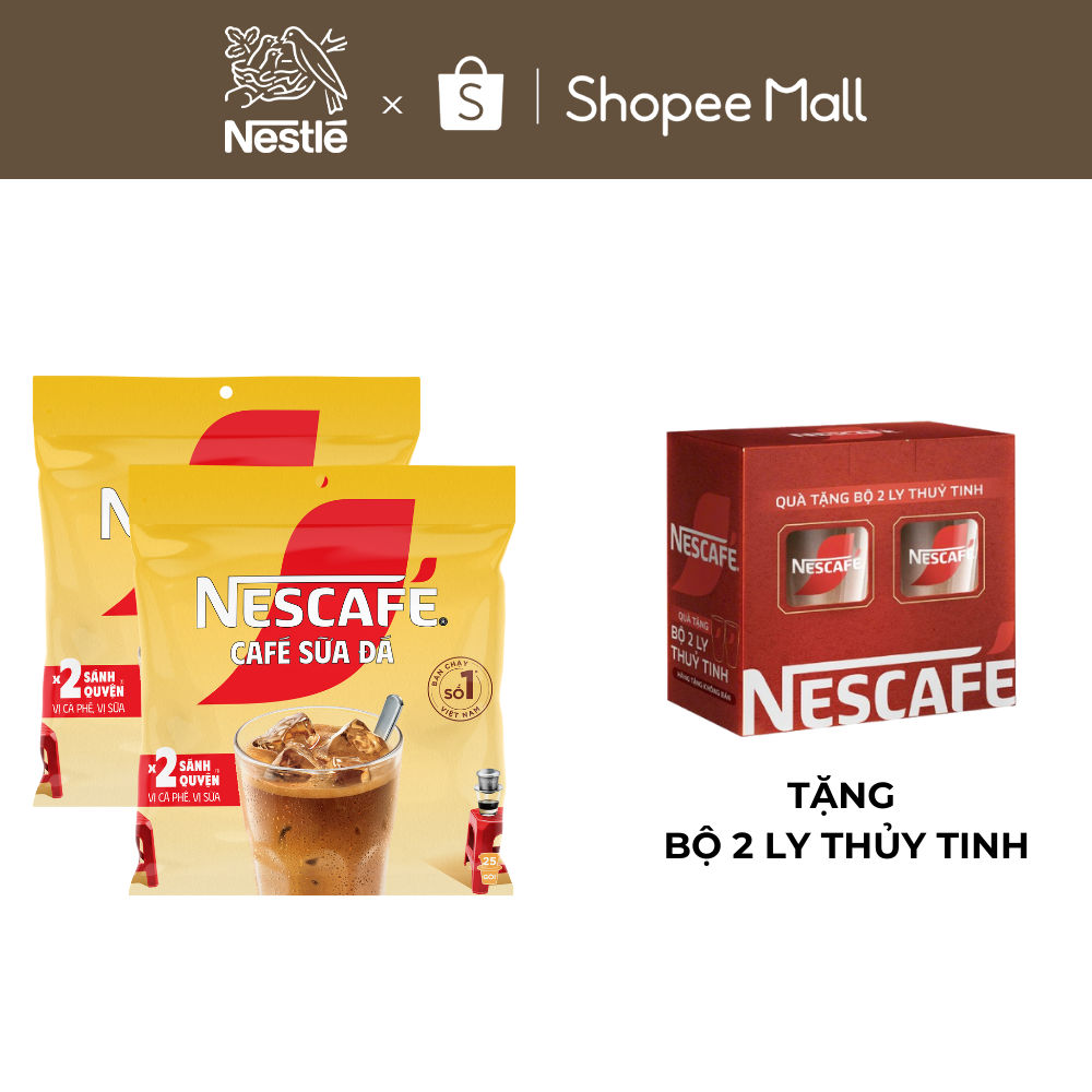 [Tặng Bộ 2 ly thủy tinh] Combo 2 Bịch Cà phê Hòa tan NESCAFÉ CAFÉ SỮA ĐÁ 25 gói Gấp đôi sánh quyện